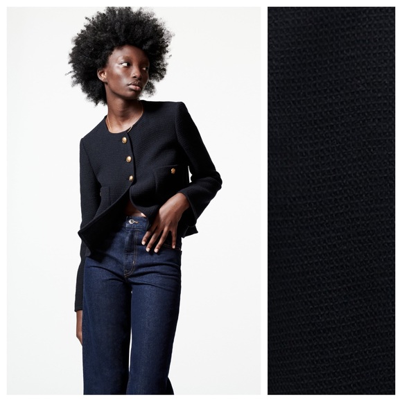 NWOT. Zara Navy Blue Textured Wool Blend Metal Buttons Jacket. Size M. - Picture 3 of 11